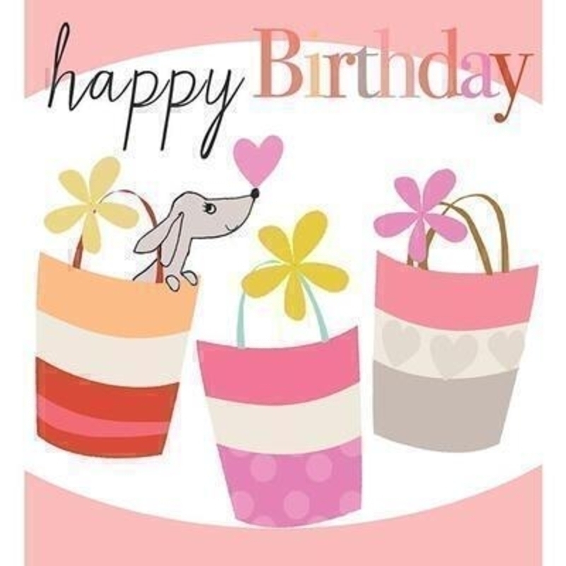 Dog in Bag Happy Birthday card by Liz and Pip Dog in Bag Happy Birthday card by Liz and Pip. For dog lovers and shopaholics alike. This quality card comes embossed with the words ''Happy Birthday'' and is blank inside for your own message. It comes in a white envelope and measures 120x132mm